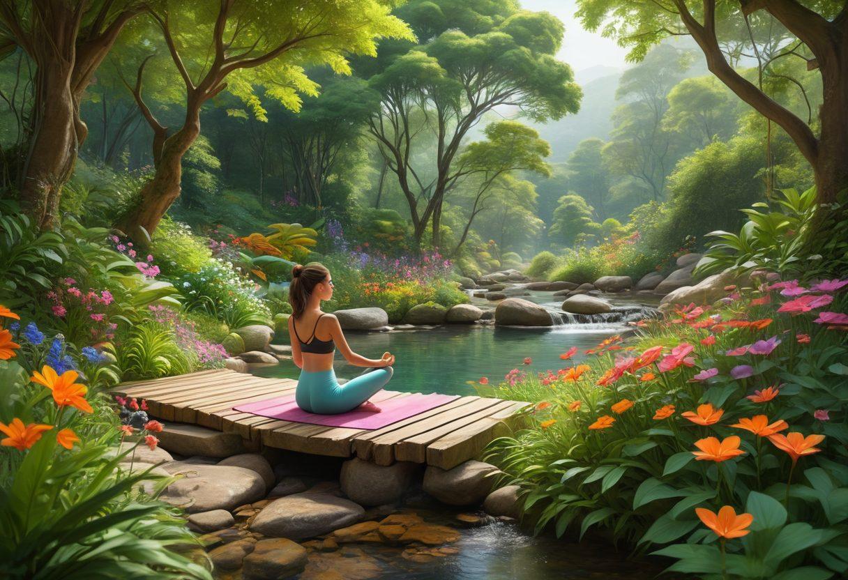 A whimsical scene depicting a tranquil wellness retreat, blending elements of playful hentai animation and a serene nature setting. Include vibrant characters engaging in yoga and meditation, surrounded by lush greenery, with supplements like Inmunocal subtly integrated into the scenery. The atmosphere should feel balanced, combining playful energy with peaceful tranquility. Digital art. vibrant colors. fantasy style.