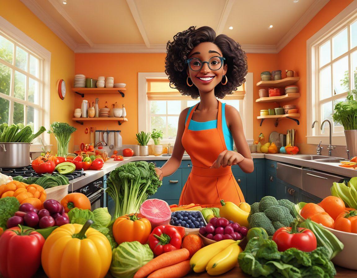 A whimsical illustration of an adult animation character happily surrounded by colorful, healthy foods like fruits and vegetables, blending elements of both nutrition and animation culture. The background features playful cartoonish elements such as animated kitchen utensils and a vibrant dining setting. The color palette is bright and lively to capture the energy of both themes. vibrant colors. cartoon style. dynamic composition.